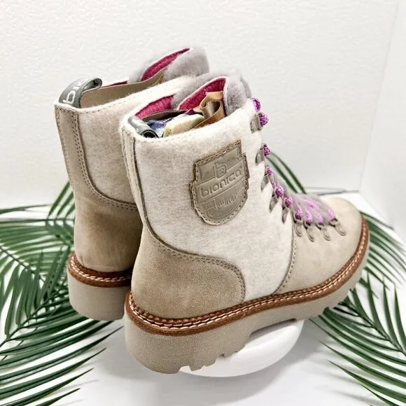 Bionica Darlene Shearling Suede Leather Ankle Boots Cream/Pink Size 6.5M NWOB