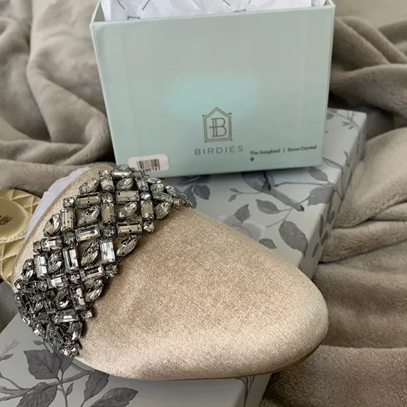 BIRDIES SONGBIRD VELVET CRYSTAL CHAMPAGNE COLOR SLIPPERS “NEW”