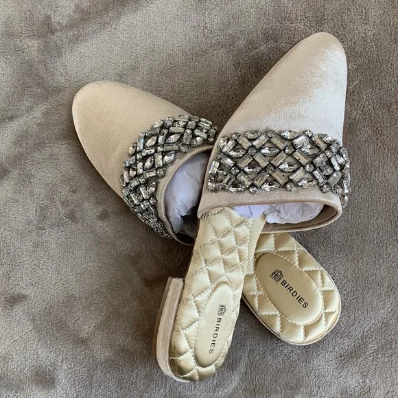 BIRDIES SONGBIRD VELVET CRYSTAL CHAMPAGNE COLOR SLIPPERS “NEW”