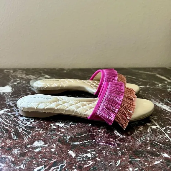 BIRDIES Sparrow Fringe Sandal Slides in Sangria Pink Orange