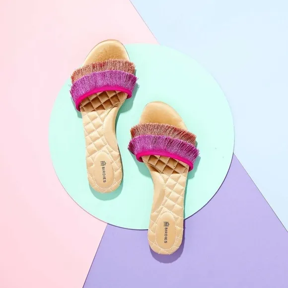 BIRDIES Sparrow Fringe Sandal Slides in Sangria Pink Orange