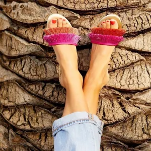 BIRDIES Sparrow Fringe Sandal Slides in Sangria Pink Orange