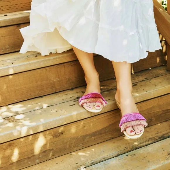 BIRDIES Sparrow Fringe Sandal Slides in Sangria Pink Orange