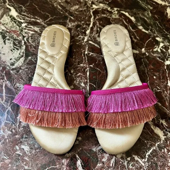 BIRDIES Sparrow Fringe Sandal Slides in Sangria Pink Orange