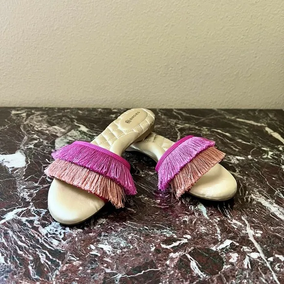 BIRDIES Sparrow Fringe Sandal Slides in Sangria Pink Orange