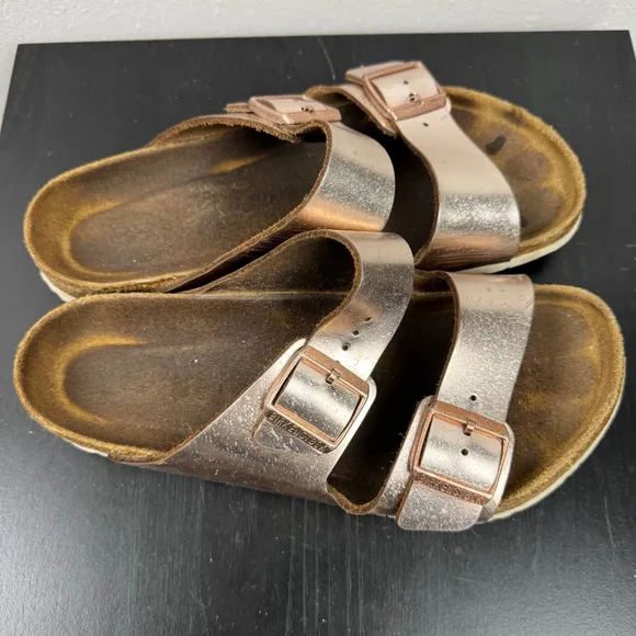 Birkenstock Arizona Sandals Womens 10 Rose Gold Metallic Birko-Flor Big Buckle