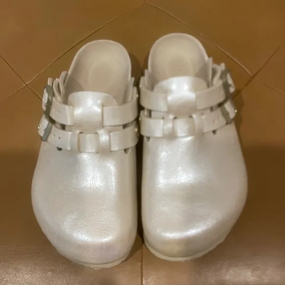 Birkenstock Girls Kay Clogs Kids Adjustable Buckle Ivory Slides Sz 29 US 11/11.5