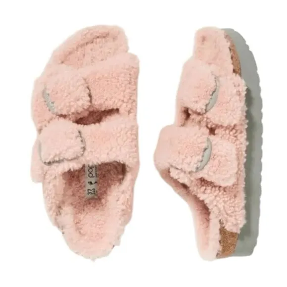 Birkenstock Papillio Arizona Big Buckle Shearling Platform Pink Slip-On Sandals