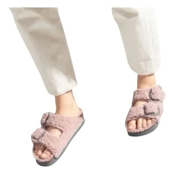 Birkenstock Papillio Arizona Big Buckle Shearling Platform Pink Slip-On Sandals