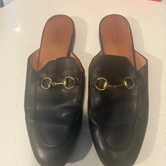 Black Leather Loafers with Gold Hardware