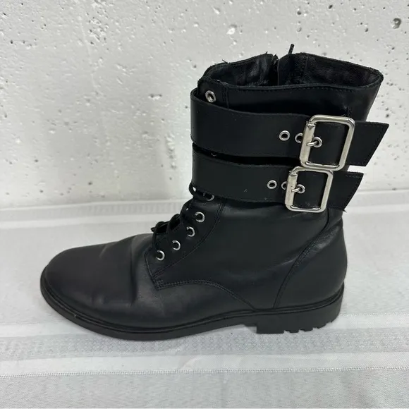 Black Suede Studio size 8 Black Lace Up Buckle Faux Sheep Fur Lined Combat Boot