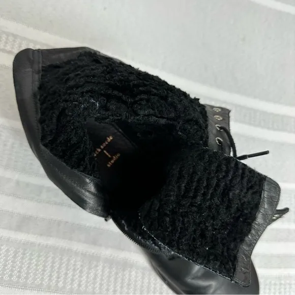 Black Suede Studio size 8 Black Lace Up Buckle Faux Sheep Fur Lined Combat Boot
