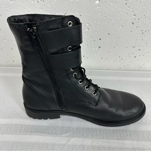Black Suede Studio size 8 Black Lace Up Buckle Faux Sheep Fur Lined Combat Boot