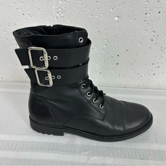 Black Suede Studio size 8 Black Lace Up Buckle Faux Sheep Fur Lined Combat Boot