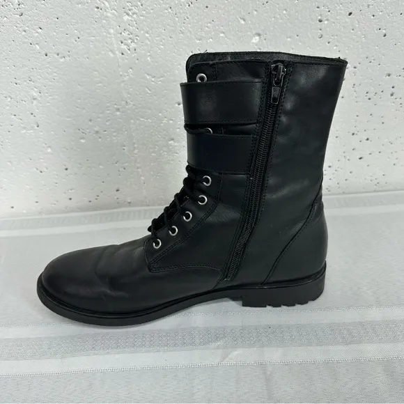Black Suede Studio size 8 Black Lace Up Buckle Faux Sheep Fur Lined Combat Boot
