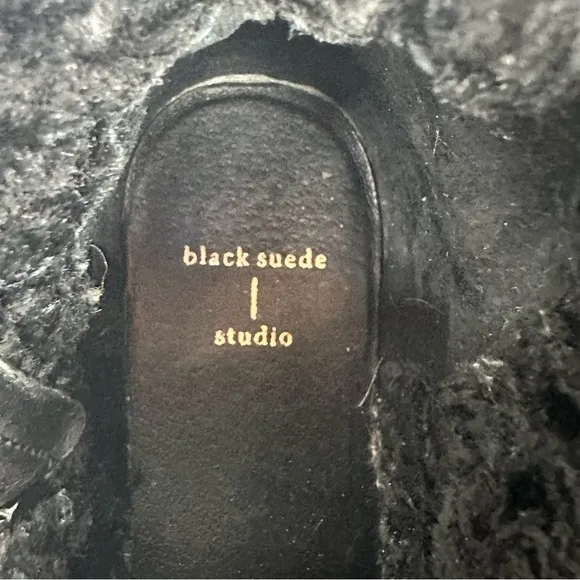 Black Suede Studio size 8 Black Lace Up Buckle Faux Sheep Fur Lined Combat Boot
