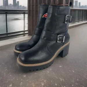 Blondo Reno Waterproof Black Leather Combat Boots US 8.5 M Buckle Block Heels