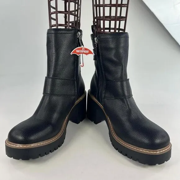 Blondo Reno Waterproof Black Leather Combat Boots US 8.5 M Buckle Block Heels