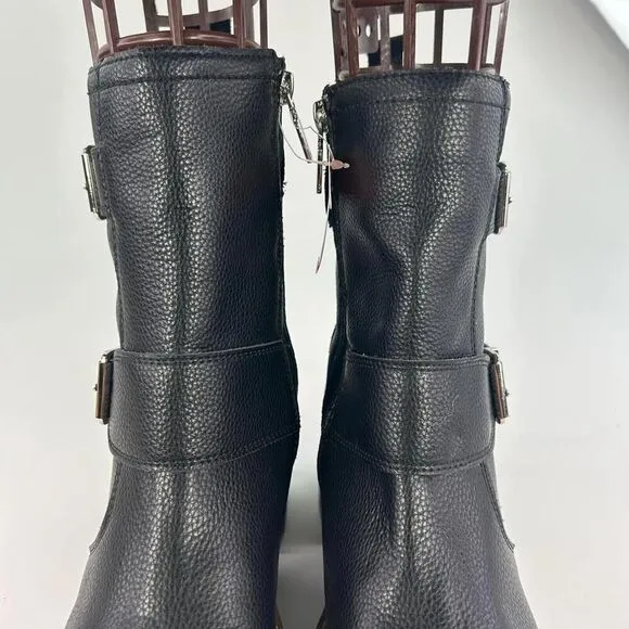 Blondo Reno Waterproof Black Leather Combat Boots US 8.5 M Buckle Block Heels