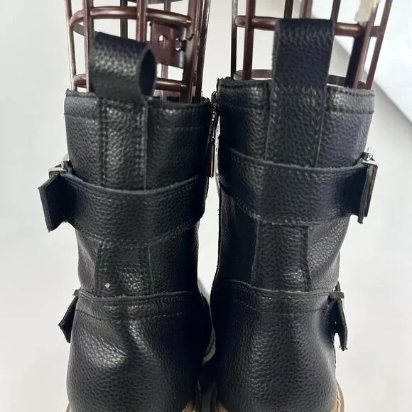 Blondo Reno Waterproof Black Leather Combat Boots US 8.5 M Buckle Block Heels