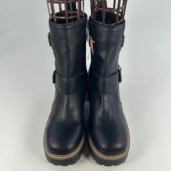 Blondo Reno Waterproof Black Leather Combat Boots US 8.5 M Buckle Block Heels