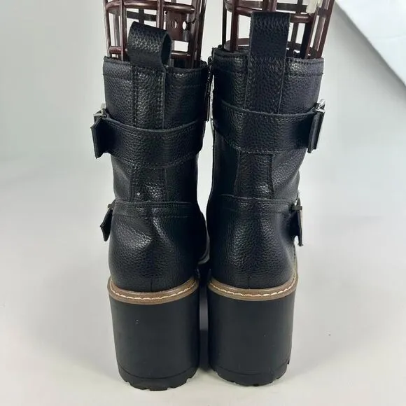 Blondo Reno Waterproof Black Leather Combat Boots US 8.5 M Buckle Block Heels