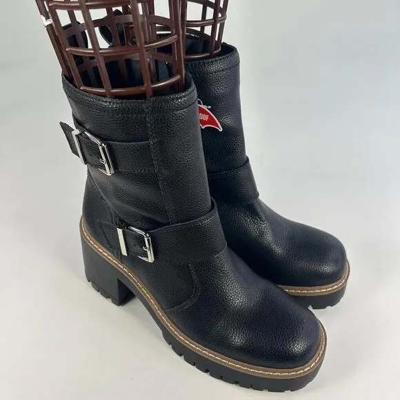 Blondo Reno Waterproof Black Leather Combat Boots US 8.5 M Buckle Block Heels