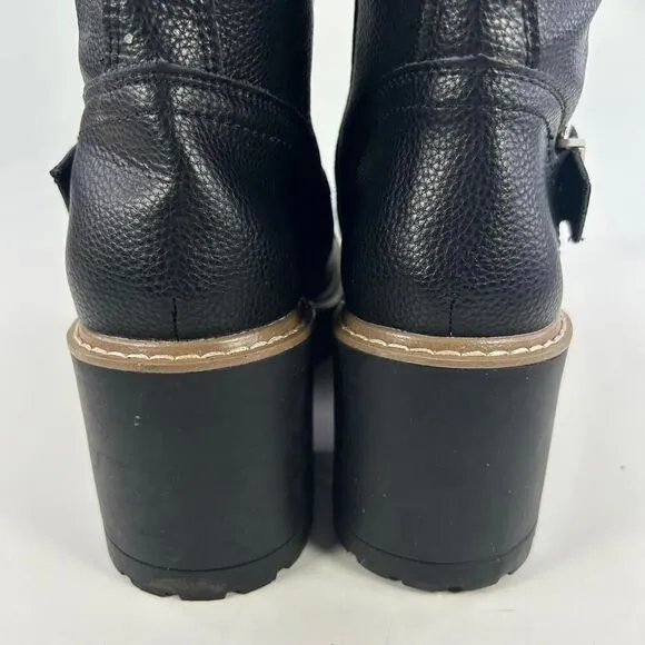 Blondo Reno Waterproof Black Leather Combat Boots US 8.5 M Buckle Block Heels
