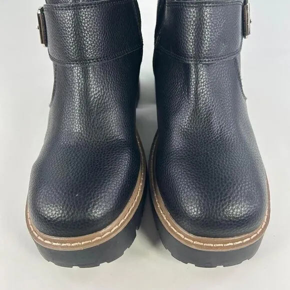 Blondo Reno Waterproof Black Leather Combat Boots US 8.5 M Buckle Block Heels