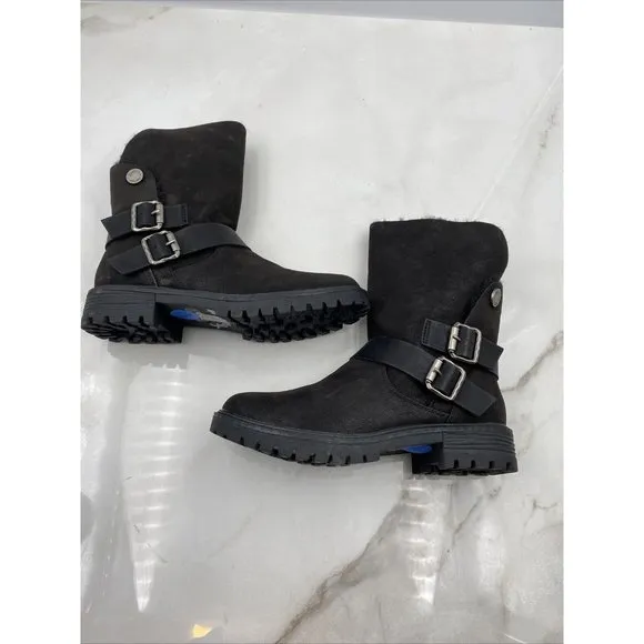 BLOWFISH Womens Randall Ankle Boots Black Biker Straps Fur Lined Sz 7.5