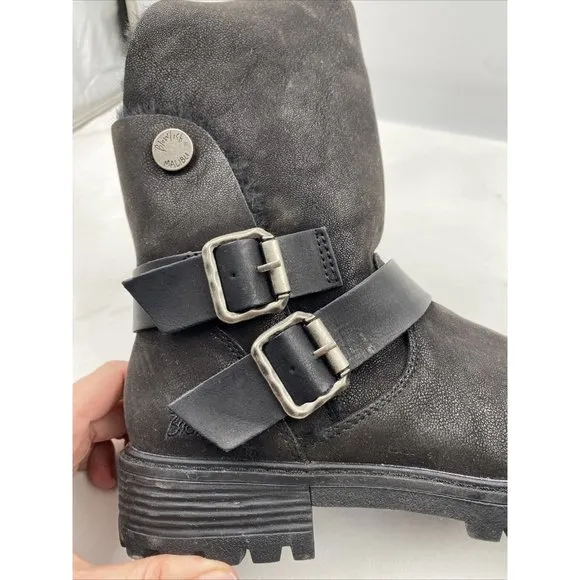 BLOWFISH Womens Randall Ankle Boots Black Biker Straps Fur Lined Sz 7.5