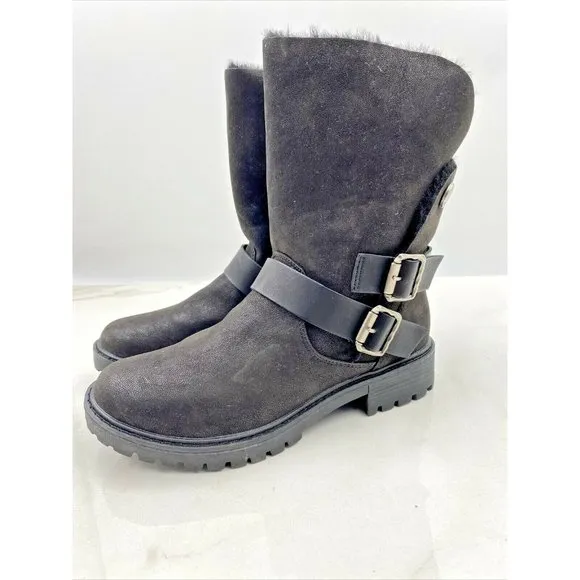 BLOWFISH Womens Randall Ankle Boots Black Biker Straps Fur Lined Sz 7.5