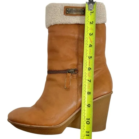 B.MAKOWSKY BFNANCY BROWN LEATHER MID CALF FUR CUFFED WEDGE BOOTS