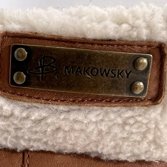B.MAKOWSKY BFNANCY BROWN LEATHER MID CALF FUR CUFFED WEDGE BOOTS