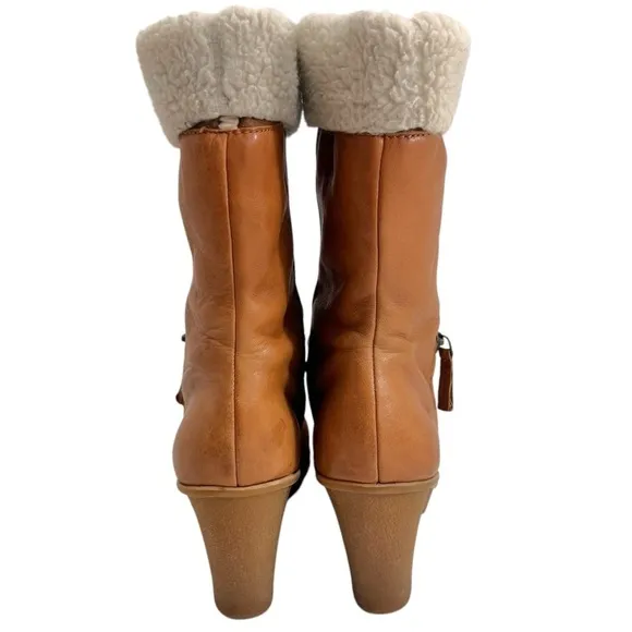 B.MAKOWSKY BFNANCY BROWN LEATHER MID CALF FUR CUFFED WEDGE BOOTS
