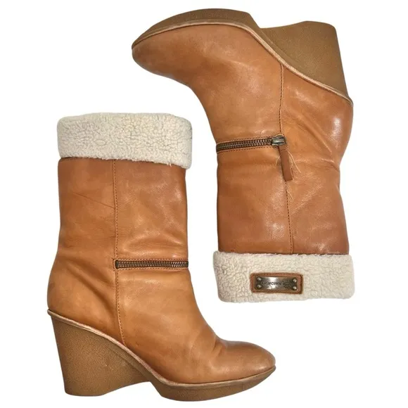 B.MAKOWSKY BFNANCY BROWN LEATHER MID CALF FUR CUFFED WEDGE BOOTS