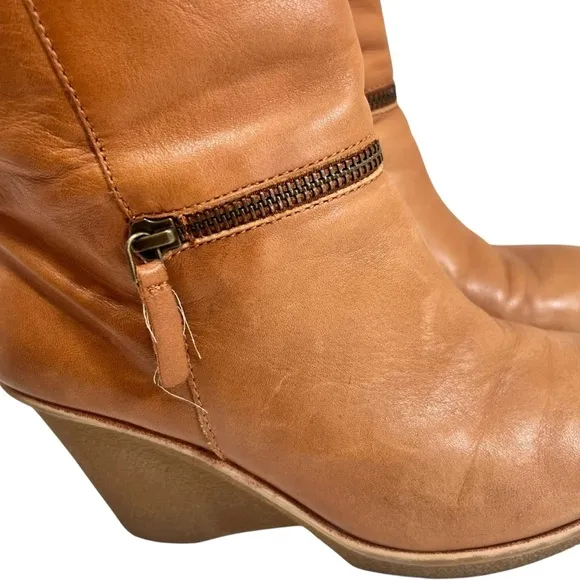 B.MAKOWSKY BFNANCY BROWN LEATHER MID CALF FUR CUFFED WEDGE BOOTS