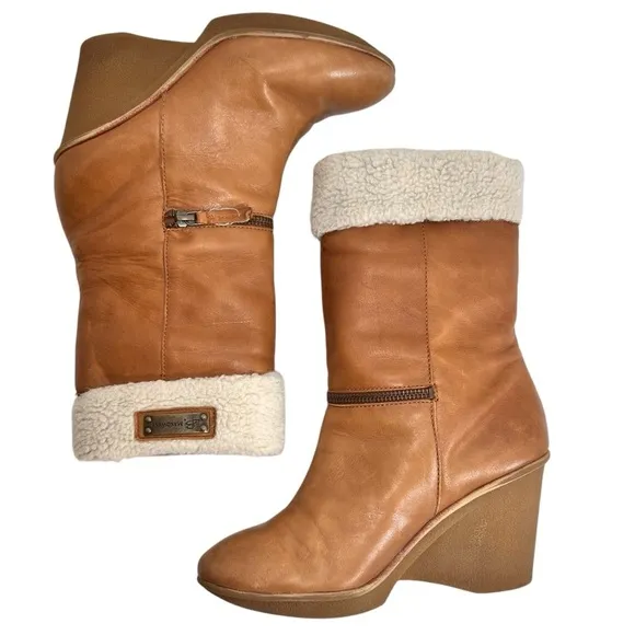 B.MAKOWSKY BFNANCY BROWN LEATHER MID CALF FUR CUFFED WEDGE BOOTS