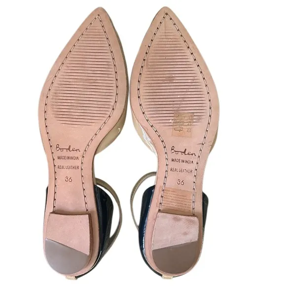 Boden Evie Tan &amp; Black Patent Leather Pointed Toe Ankle Strap D’Orsay Flats  5.5