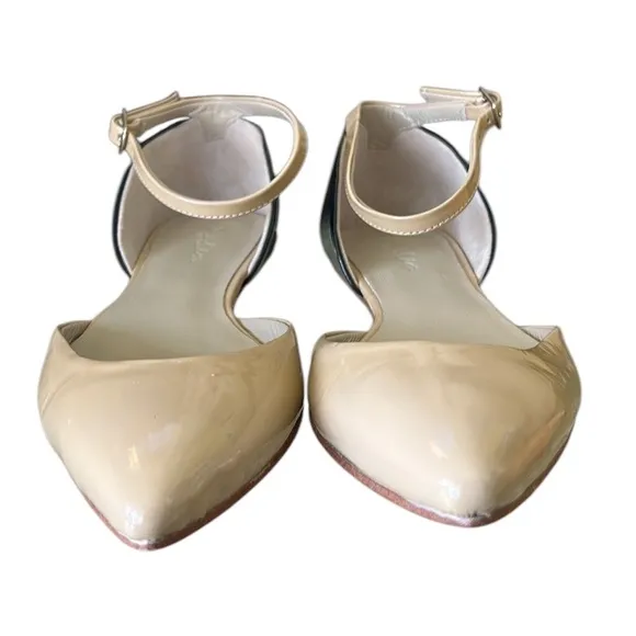 Boden Evie Tan &amp; Black Patent Leather Pointed Toe Ankle Strap D’Orsay Flats  5.5
