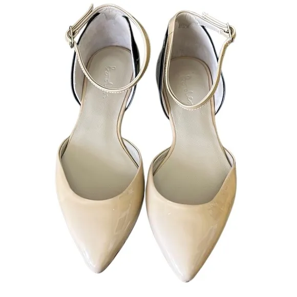 Boden Evie Tan &amp; Black Patent Leather Pointed Toe Ankle Strap D’Orsay Flats  5.5