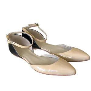 Boden Evie Tan &amp; Black Patent Leather Pointed Toe Ankle Strap D’Orsay Flats  5.5