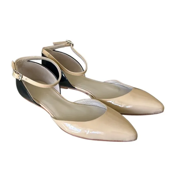Boden Evie Tan &amp; Black Patent Leather Pointed Toe Ankle Strap D’Orsay Flats  5.5