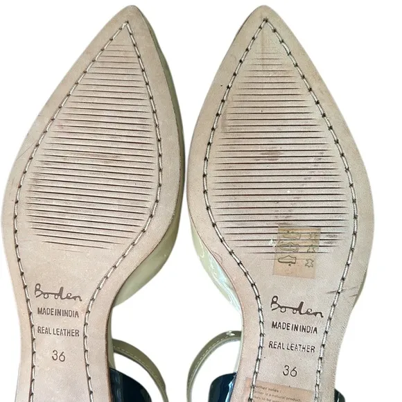 Boden Evie Tan &amp; Black Patent Leather Pointed Toe Ankle Strap D’Orsay Flats  5.5