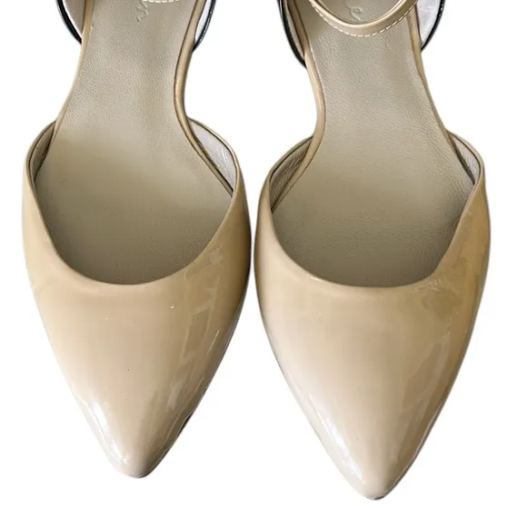 Boden Evie Tan &amp; Black Patent Leather Pointed Toe Ankle Strap D’Orsay Flats  5.5