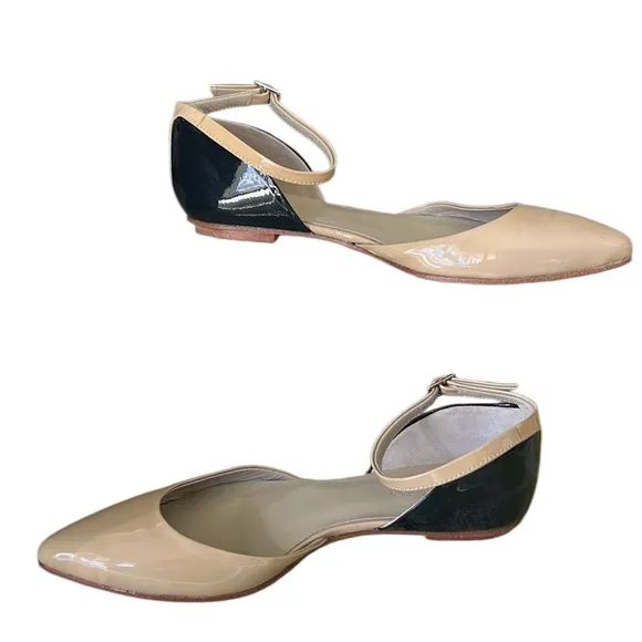 Boden Evie Tan &amp; Black Patent Leather Pointed Toe Ankle Strap D’Orsay Flats  5.5