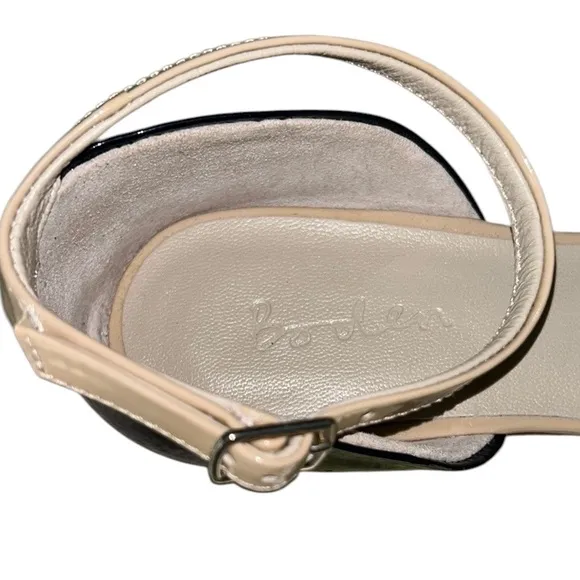 Boden Evie Tan &amp; Black Patent Leather Pointed Toe Ankle Strap D’Orsay Flats  5.5