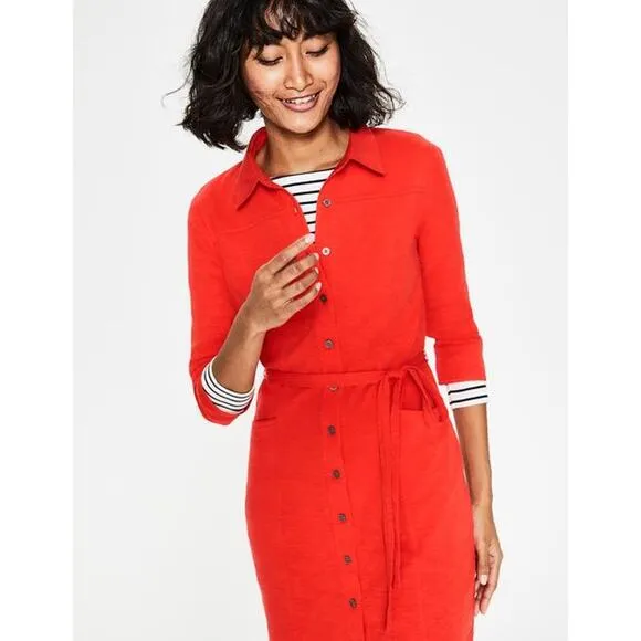 Boden Women's Burnout Red Tara Button Jersey Tie Waist Shirt Dress 2 Regular
