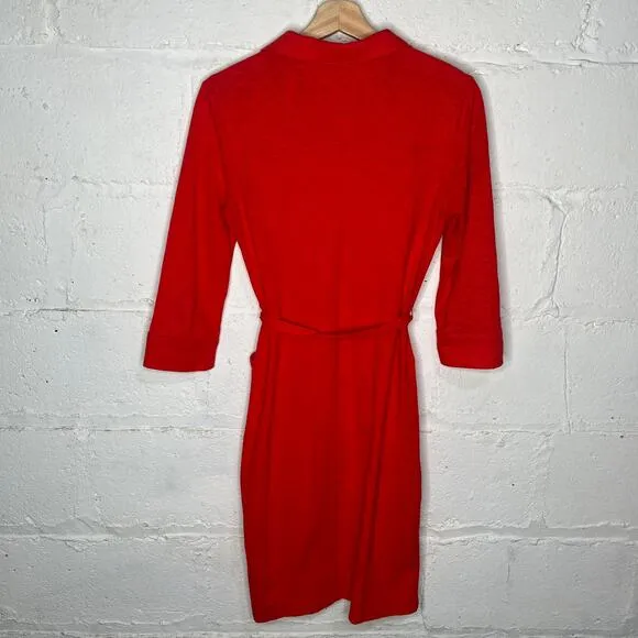 Boden Women's Burnout Red Tara Button Jersey Tie Waist Shirt Dress 2 Regular