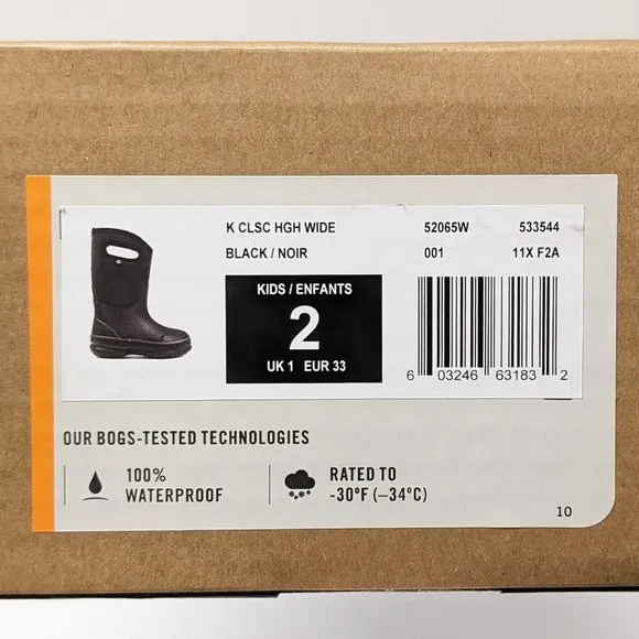 Bogs Classic High Waterproof Rain Boots, Black, Little Kids 2 Wide